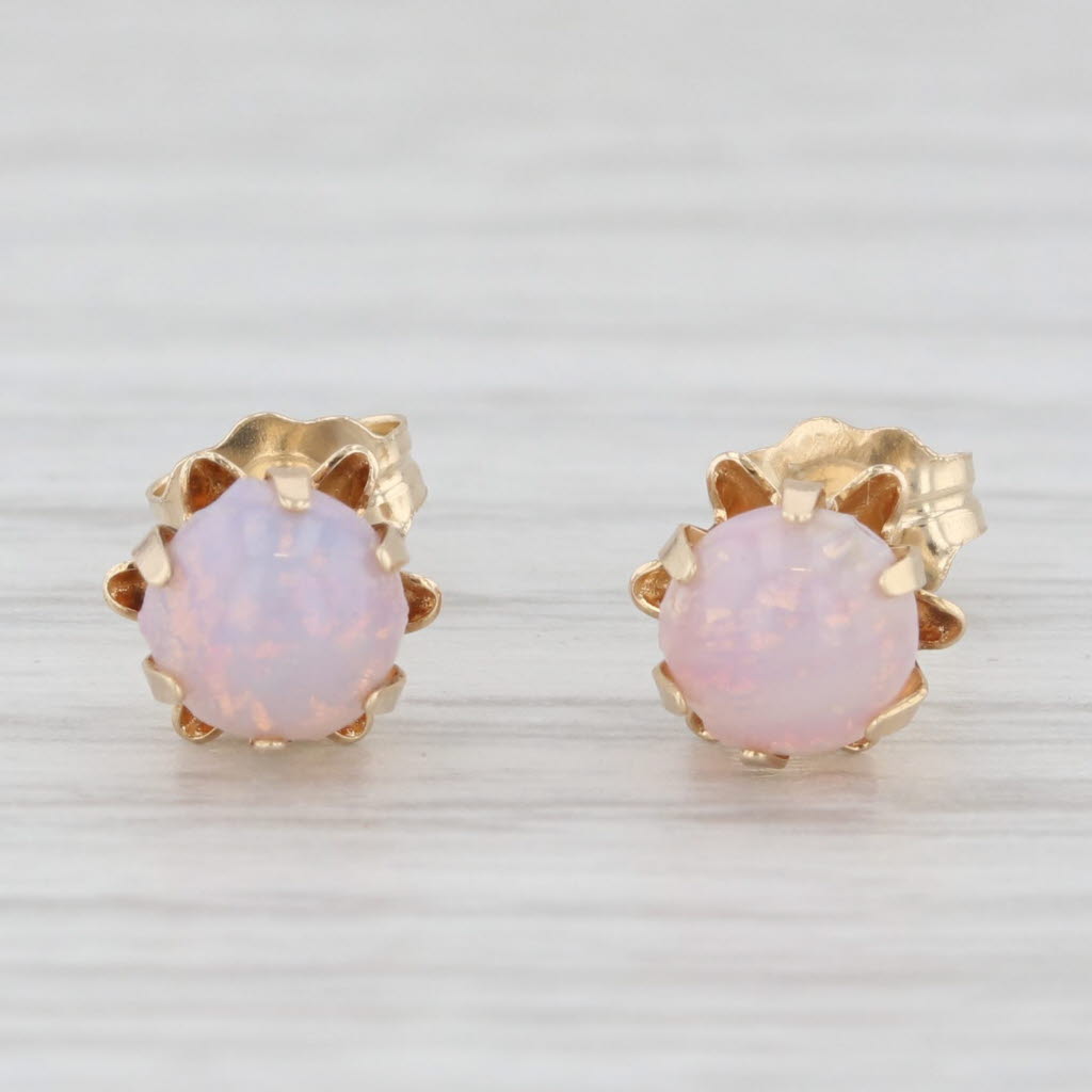 Light Gray Simulated Opal Glass Buttercup Stud Earrings 14k Gold Round Solitaire Cabochons