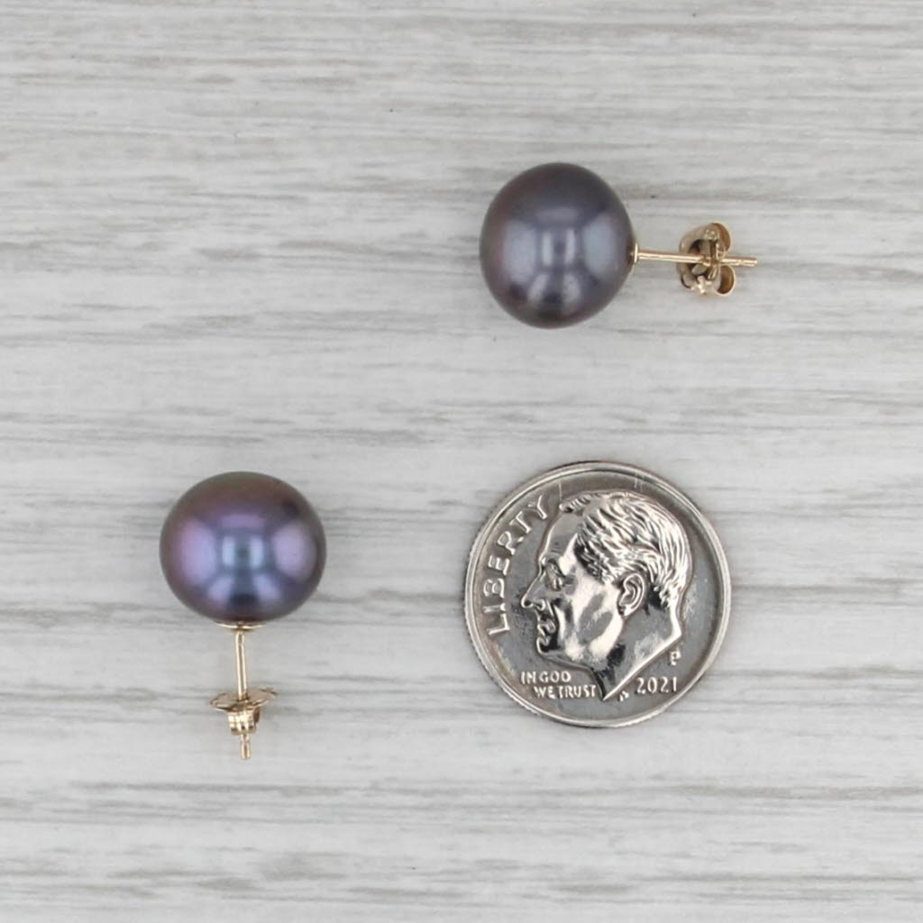 Black Cultured Pearl Stud Earrings 14k White Gold 11mm Bead Solitaire Studs