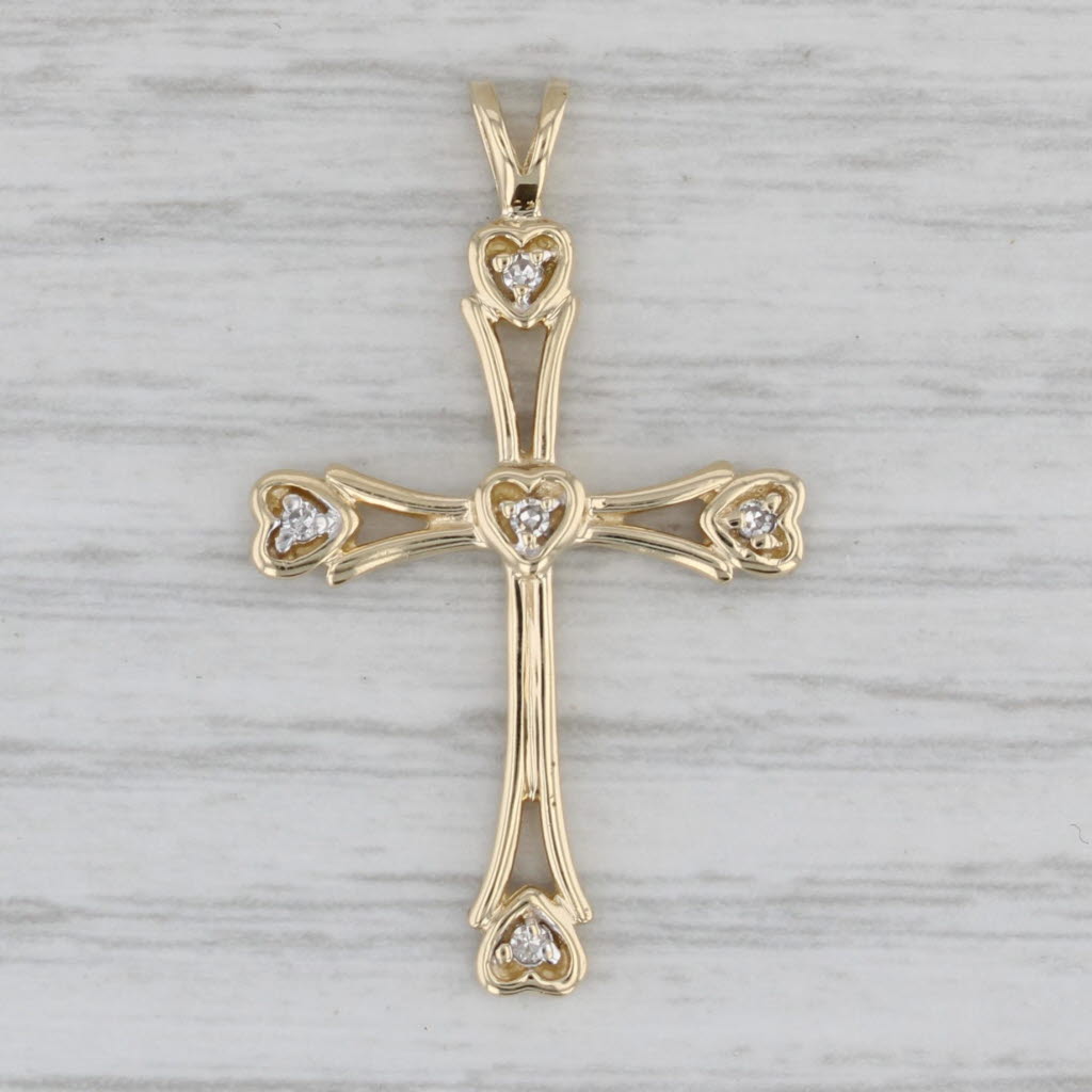 Gray Diamond Hearts Accented Cross Pendant 14k Yellow Gold