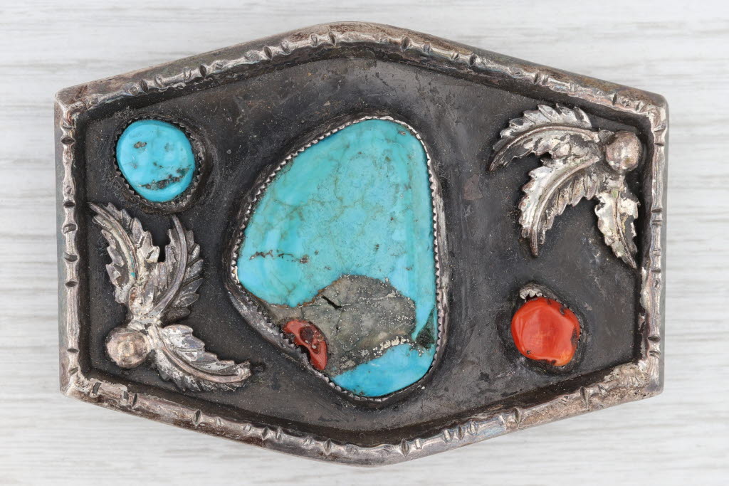 Light Gray Vintage Navajo Native American Belt Buckle Sterling Silver Turquoise Coral