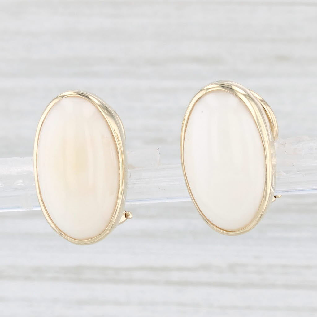 Light Gray White Coral Oval Cabochon Drop Earrings 14k Yellow Gold Pierced Omega Backs