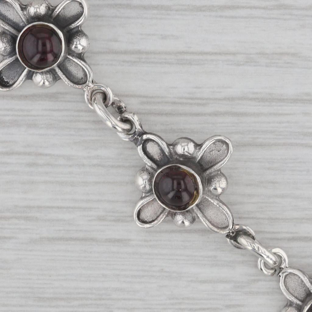 Gray Garnet Flower Link Bracelet Sterling Silver 7" Floral Jewelry