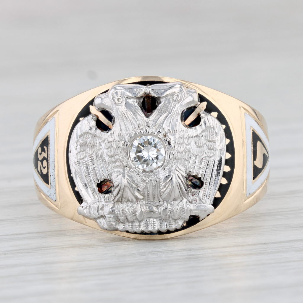 Light Gray Diamond Scottish Rite Signet Ring 14k Gold Palladium Eagle Yod Masonic Men's