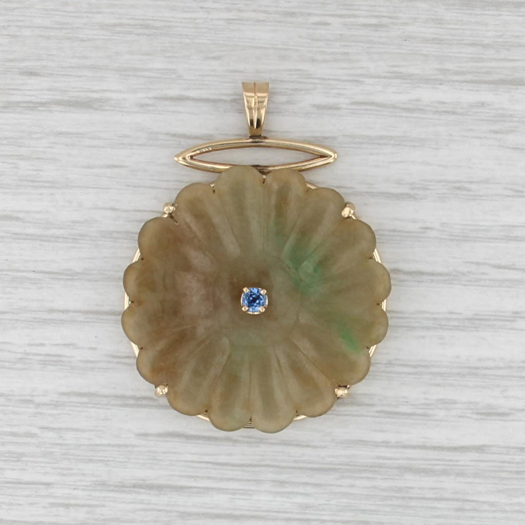 Green Jadeite Jade Blue Sapphire Flower Statement Pendant 14k Yellow Gold