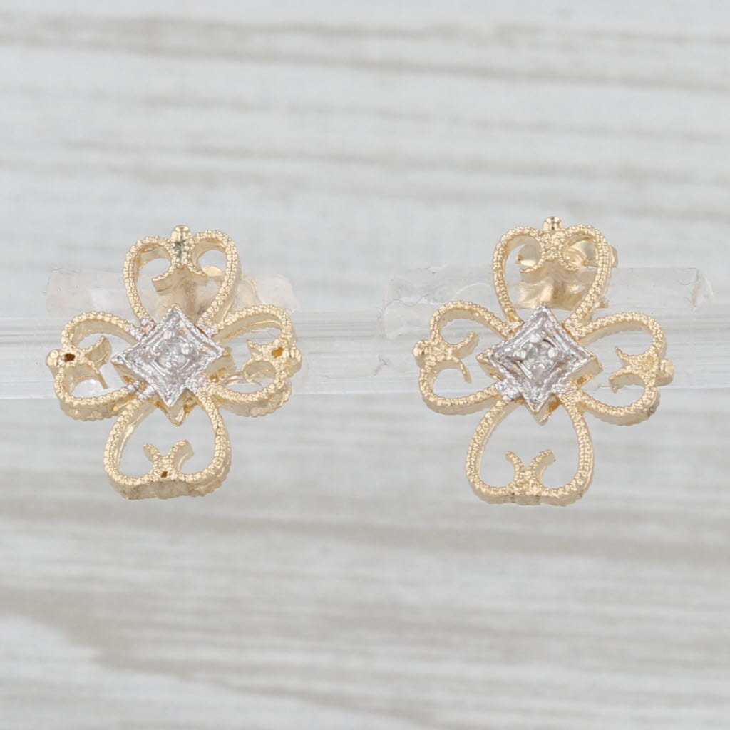 Light Gray Ornate Diamond Cross Stud Earrings 14k Yellow Gold