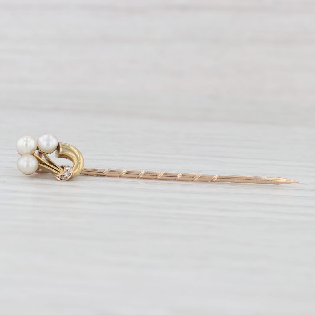 Light Gray Antique Pearl Cluster Diamond Stickpin 12k 14k Yellow Gold