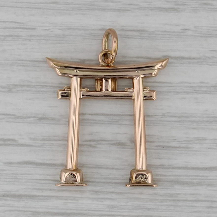 Vintage K Uyeda Large Japanese Tori Gate Pendant 14k Gold Japan Souvenir Charm