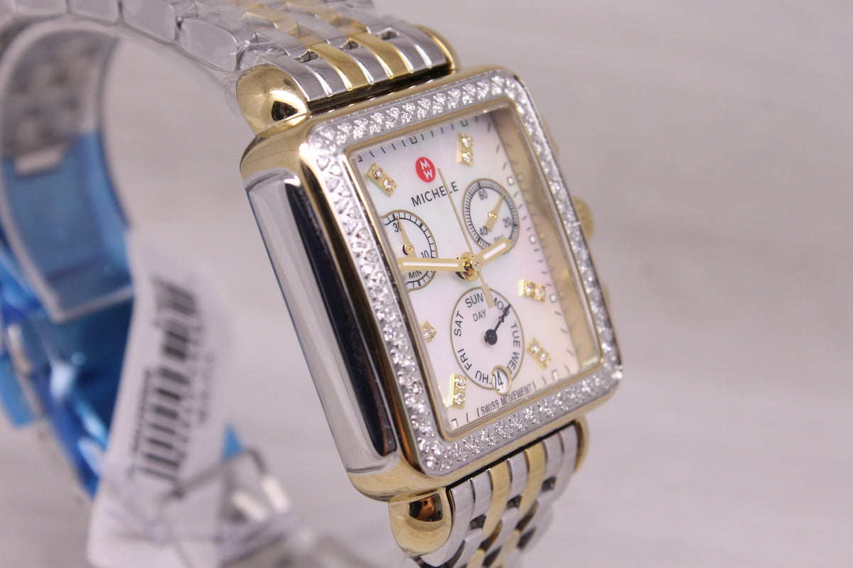 Michele Deco 2 Tone Ladies Quartz Chronograph Watch MOP Diamond Dial Bezel MINT