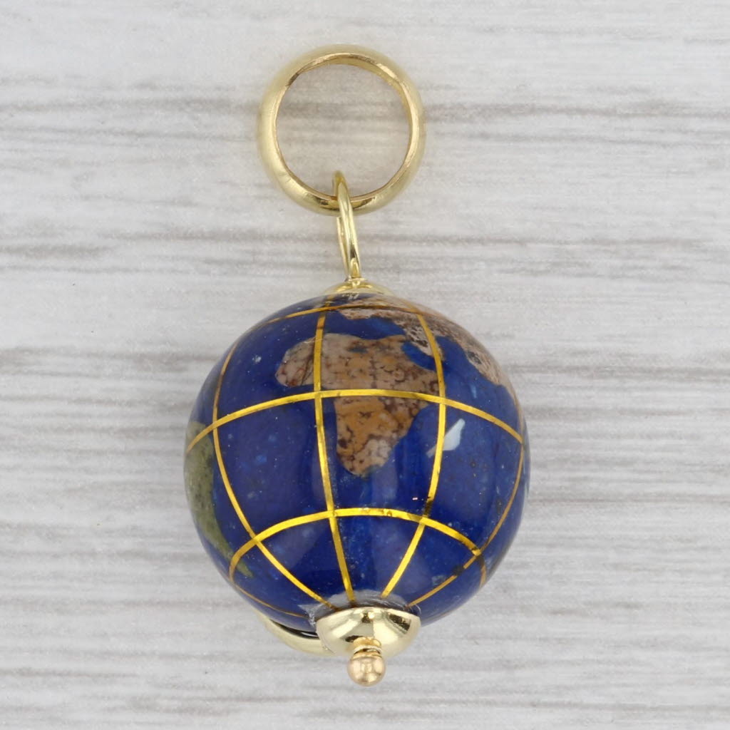Spinning Globe Pendant 18k Yellow Gold Stone Mosaic Inlay Charm World Continents