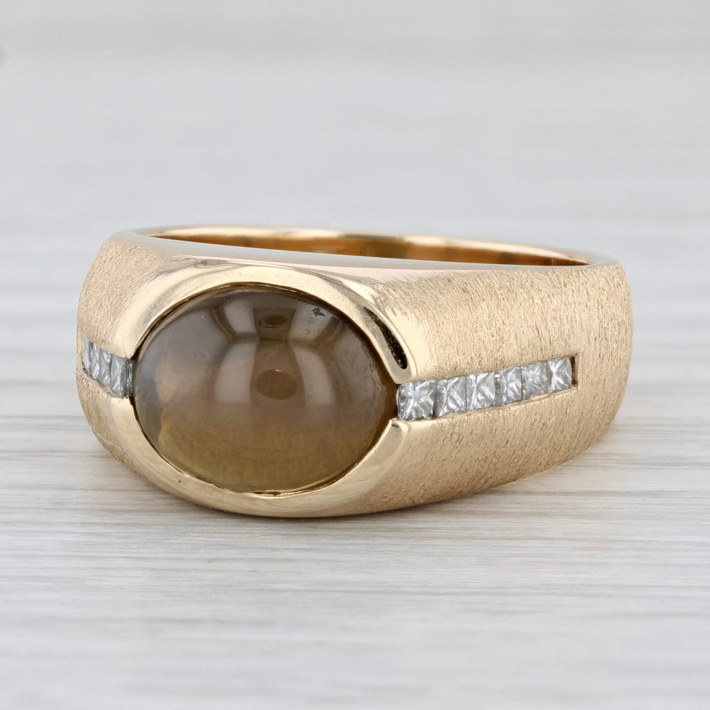 Light Gray Brown Cat's Eye Chrysoberyl Diamond Ring 14k Yellow Gold Size 10.5 Men's GIA