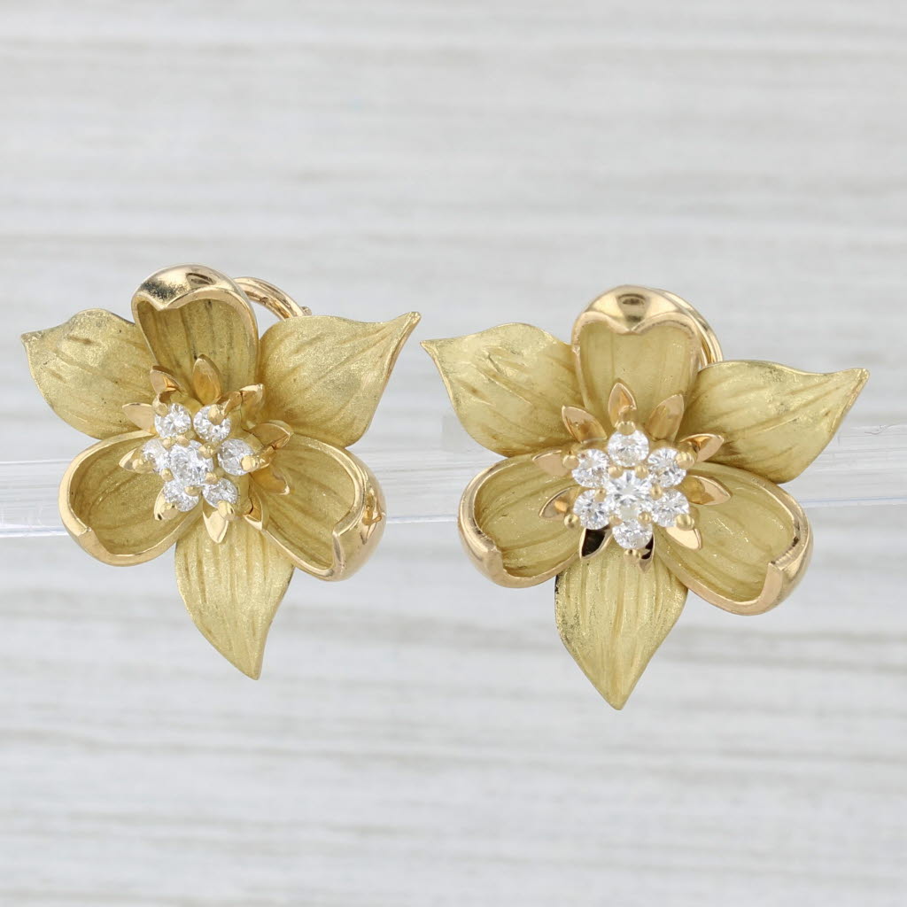 Light Gray 0.46ctw Diamond Cluster Flower Earrings 18k Yellow Gold Pierced Omega Backs