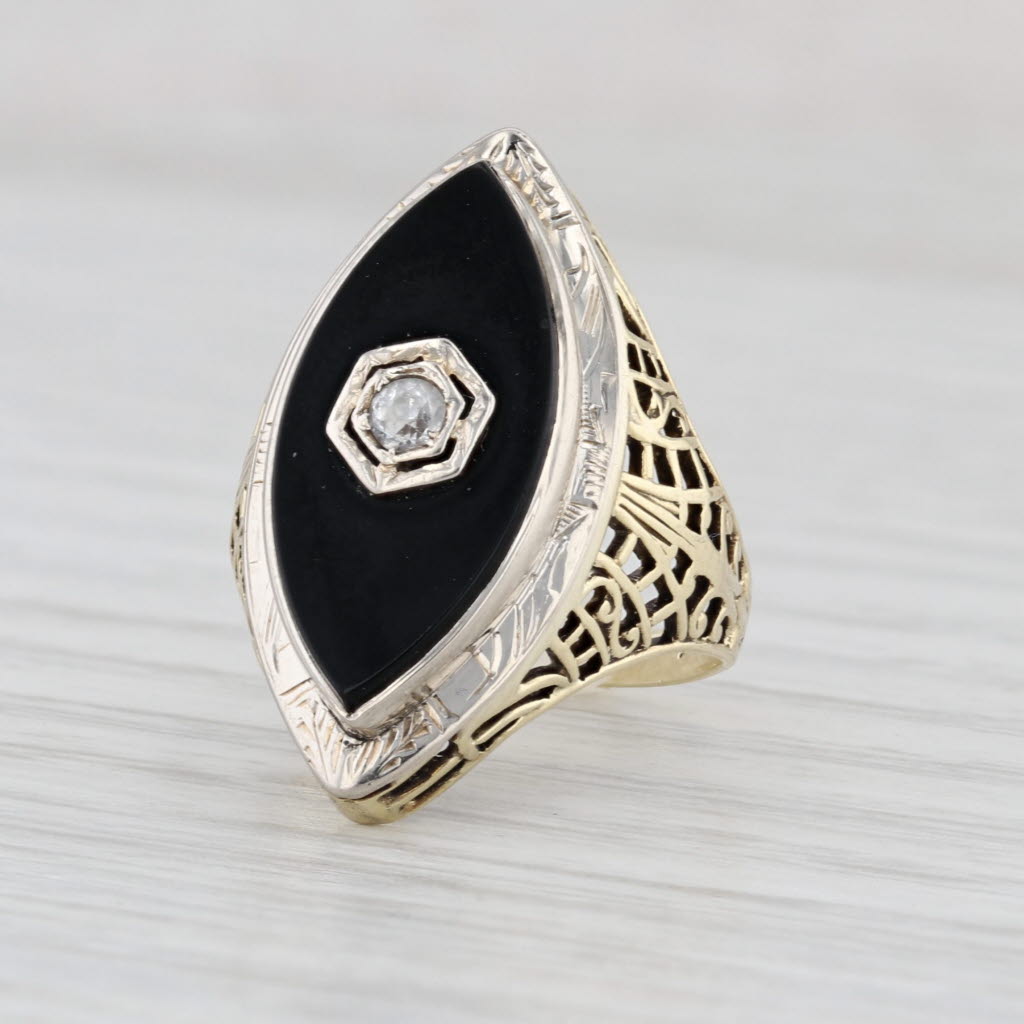 Vintage Onyx Signet Ring 14k Yellow White Gold Size 4.5 Openwork