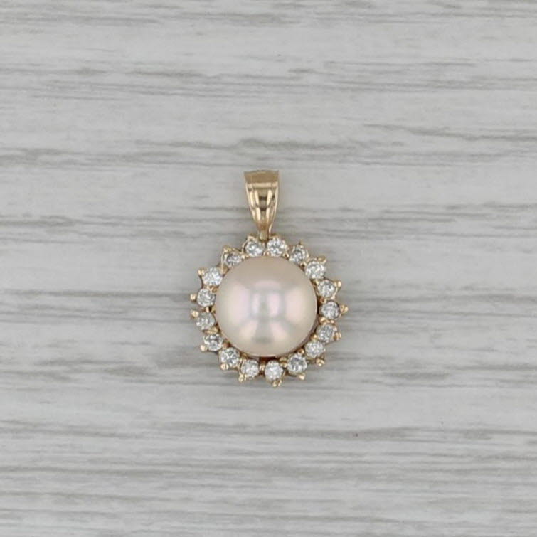 Cultured Pearl Diamond Halo Pendant 14k Yellow Gold Small Drop