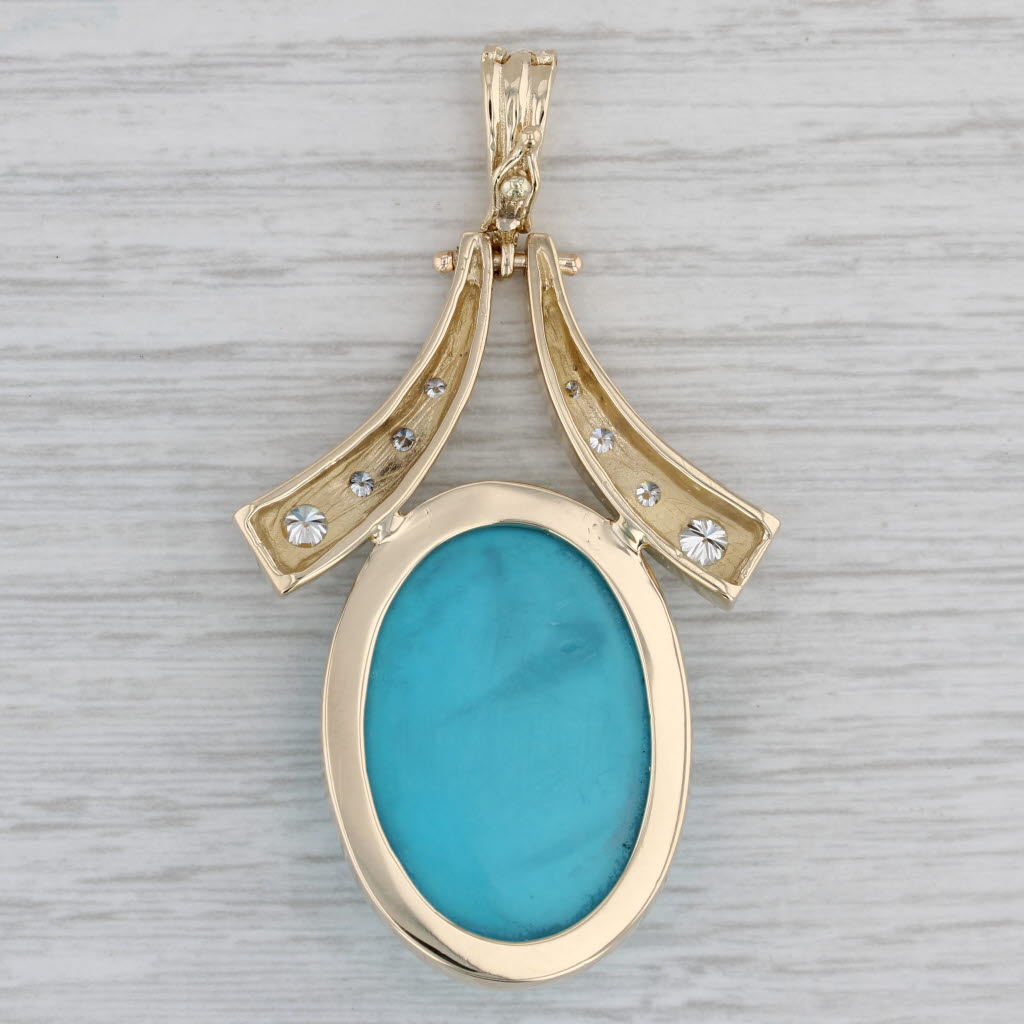 Gray Stabilized Turquoise Diamond Enhancer Pendant 14k Yellow Gold Oval Cabochon