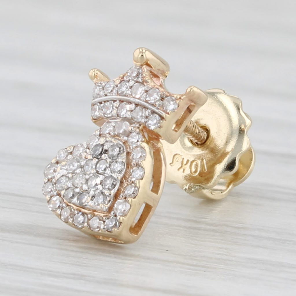 Light Gray Single 0.15ctw Diamond Crown Heart Stud Earring 10k Yellow Gold
