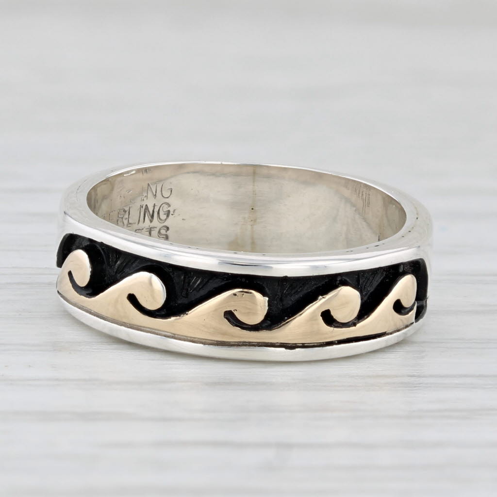 Light Gray Waves Pattern Band Ring Sterling Silver 14k Gold Size 6.75 S Skeets Nautical