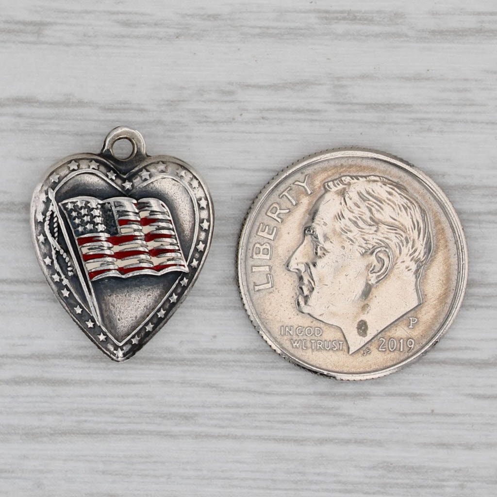 Gray American Flag Puffy Heart Charm Sterling Silver Vintage Engraved Keepsake