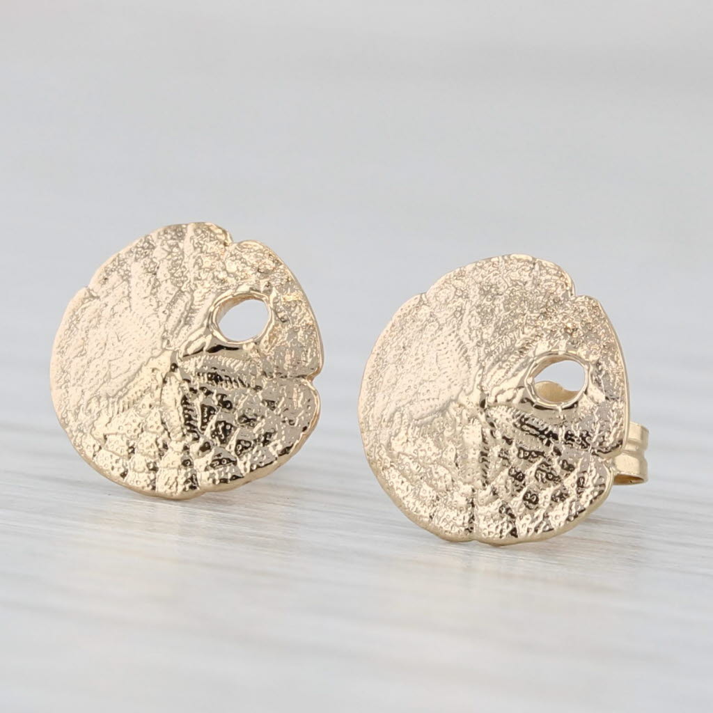 Light Gray Sanddollar Stud Earrings 14k Yellow Gold Nautical Jewelry