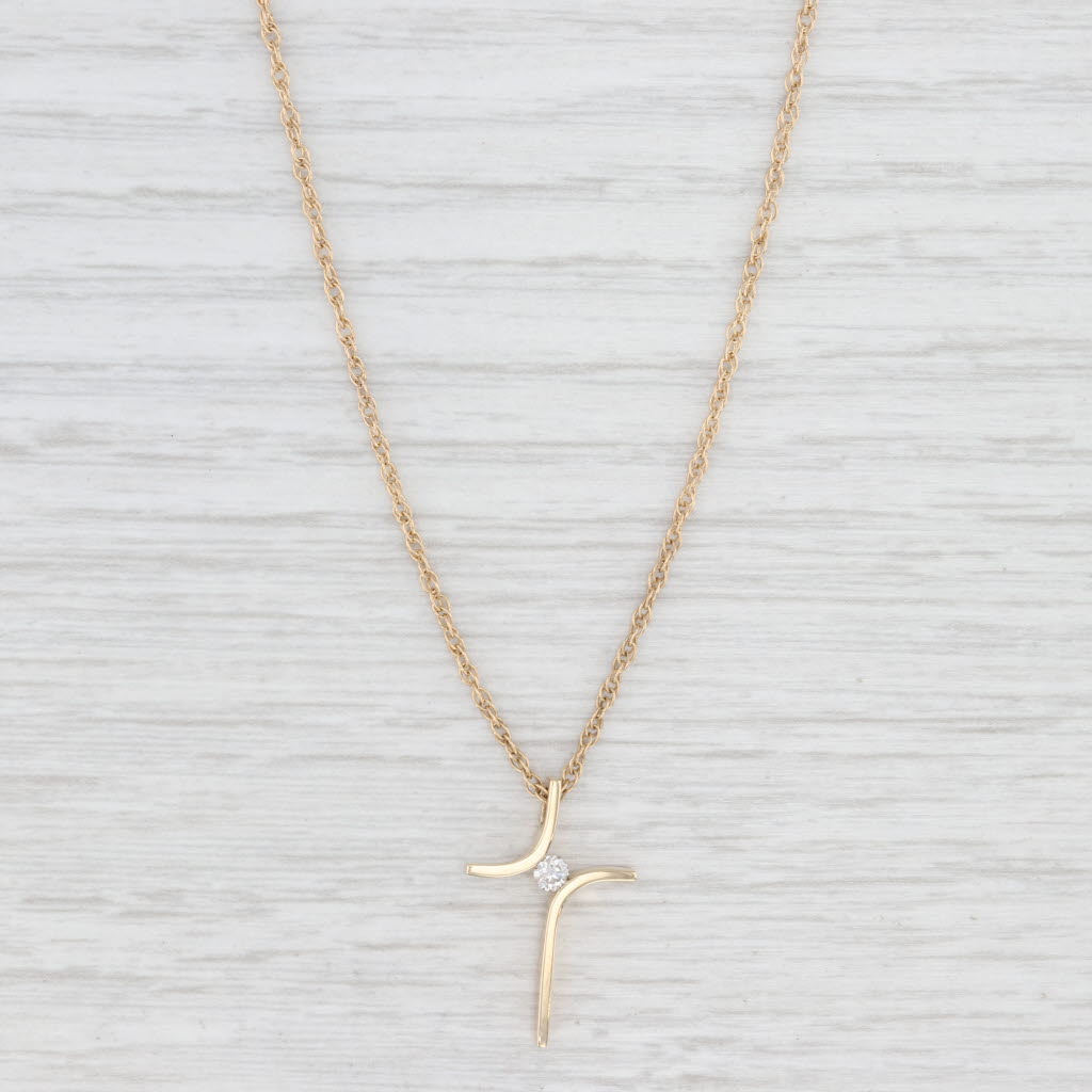 Light Gray Diamond Solitaire Cross Pendant Necklace 14k Yellow Gold 18" Rope Chain