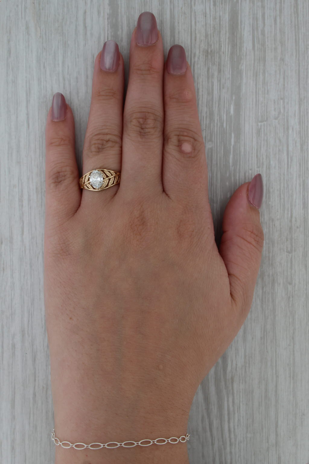 1.10ct Oval Diamond Solitaire Engagement Ring 14k Yellow Gold Size 8.5 Leaf Band