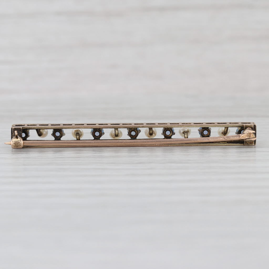 0.56ctw Blue Sapphire Seed Pearl Bar Pin 10k Yellow Gold Vintage Brooch