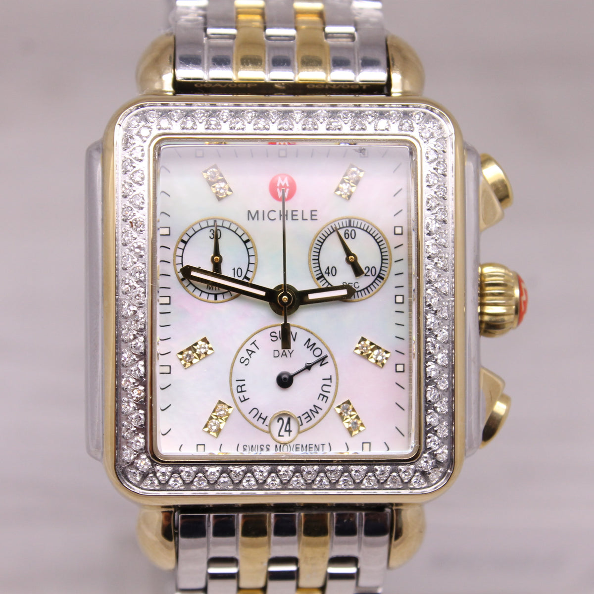 Michele Deco 2 Tone Ladies Quartz Chronograph Watch MOP Diamond Dial Bezel MINT