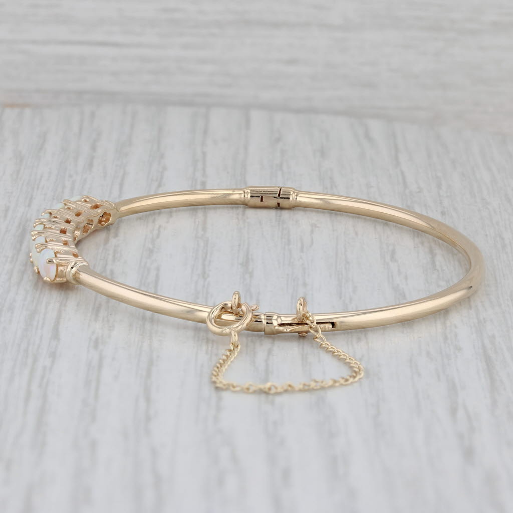 Gray Opal Bangle Bracelet 14k Yellow Gold 6.5" Hinged with Safety Chain