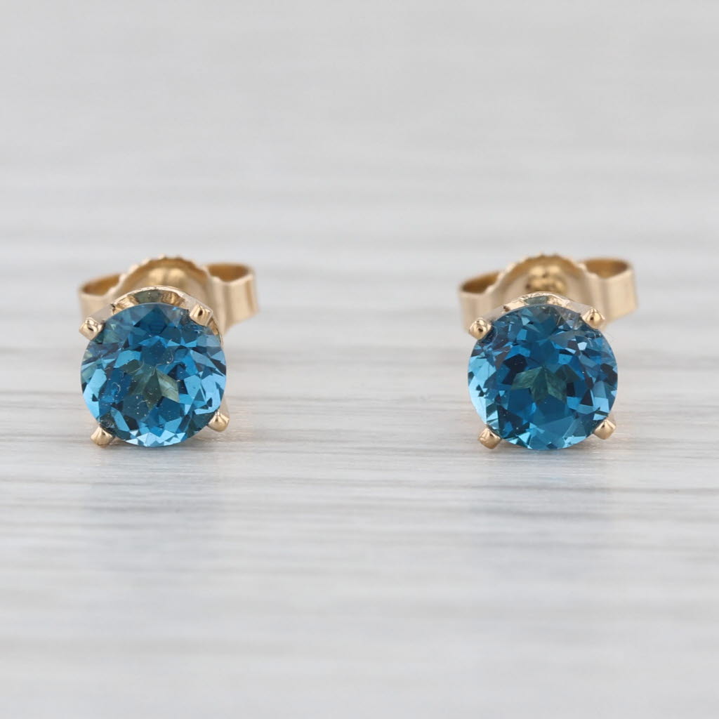 1.24ctw London Blue Topaz Stud Earrings 14k Yellow Gold Round Solitaire Studs