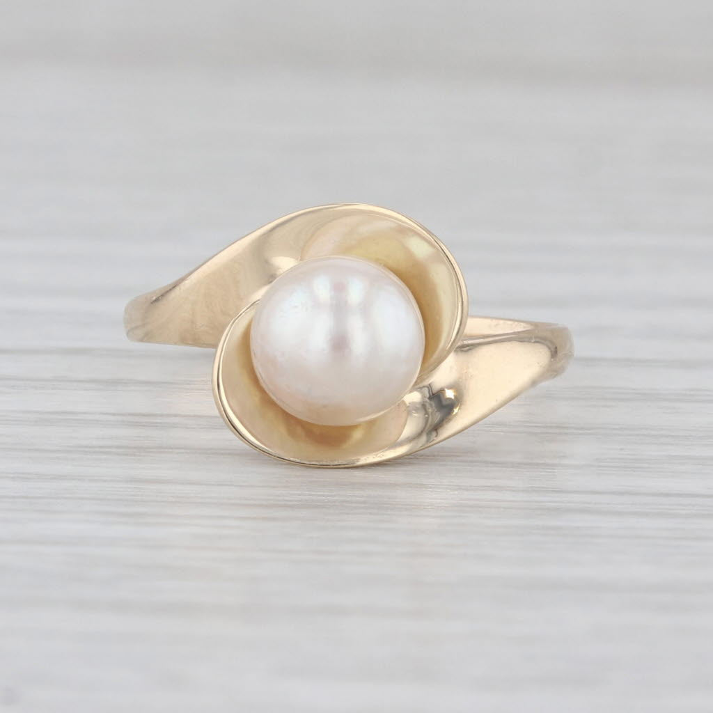7mm Cultured Pearl Solitaire Ring 14k Yellow Gold Size 7 Bypass