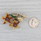 Vintage 0.26ctw Ruby Flower Brooch 18k Yellow Gold Enamel Floral Pin