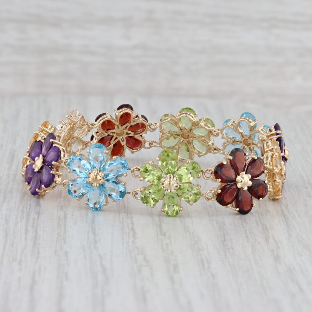 Gray 24.50ctw Gemstone Flower Bracelet 14k Gold Topaz Amethyst Peridot Garnet Citrine