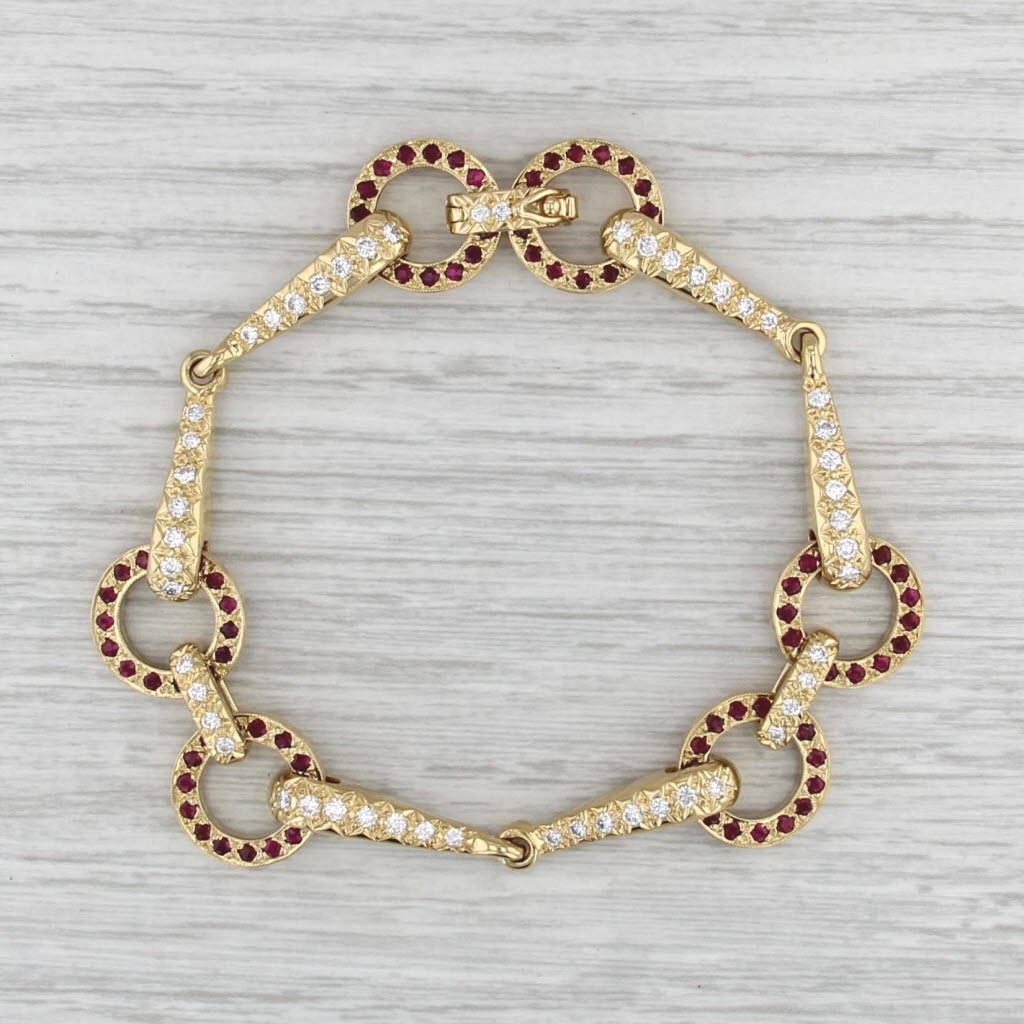 4ctw Ruby Diamond Bar & Circle Links Bracelet 18k Yellow Gold 7"