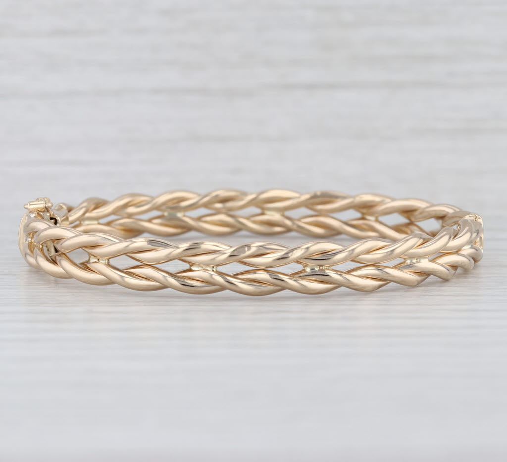 Woven Bangle Bracelet 14k Yellow Gold 7" 7.7mm Hinged Snap Clasp