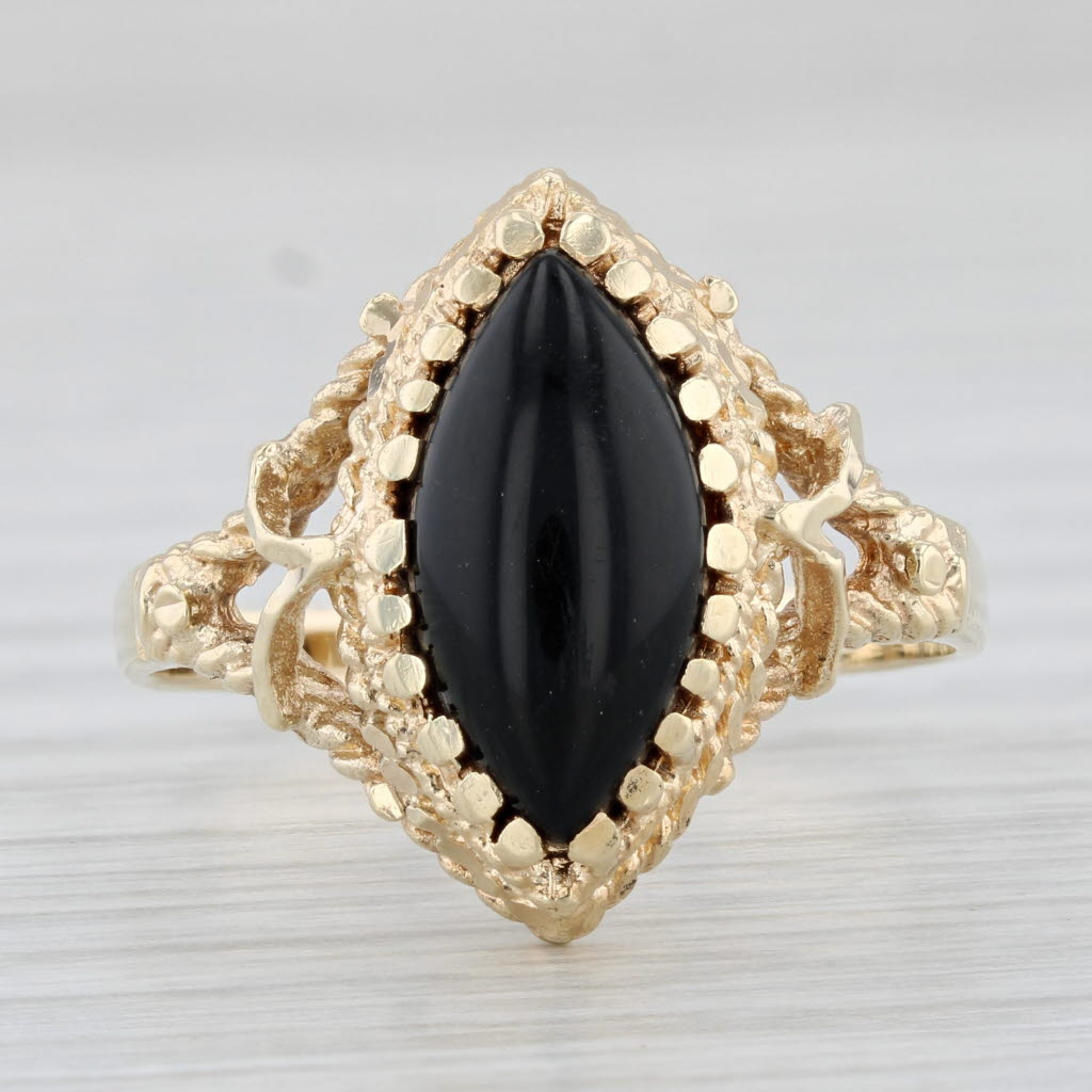 Light Gray Marquise Cabochon Onyx Solitaire Ring 14k Yellow Gold Size 10