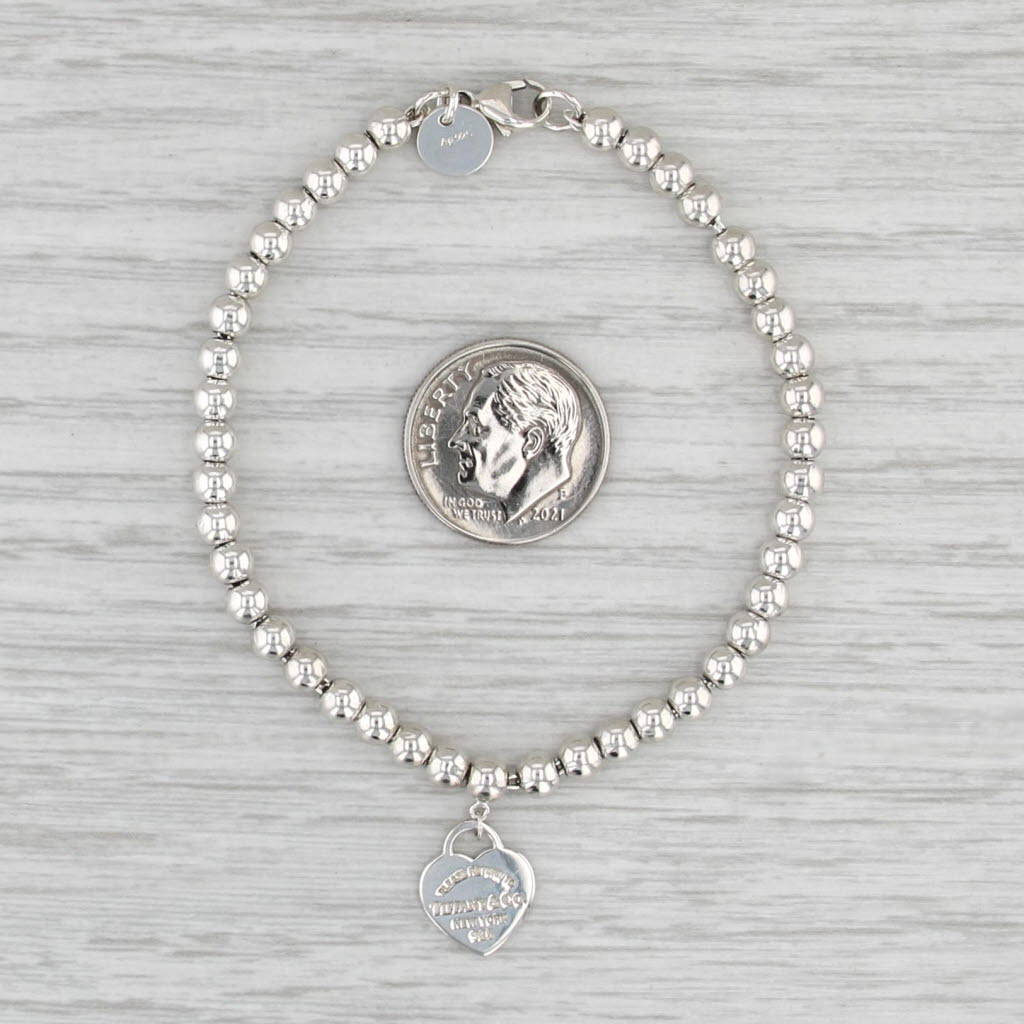 Return to Tiffany Heart Charm Bead Bracelet w/ Pouch Box Sterling Silver 6.5"