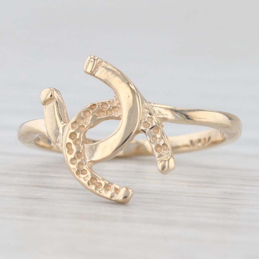Interlocking Horseshoes Ring 14k Yellow Gold Small Size 2 Good Luck Western
