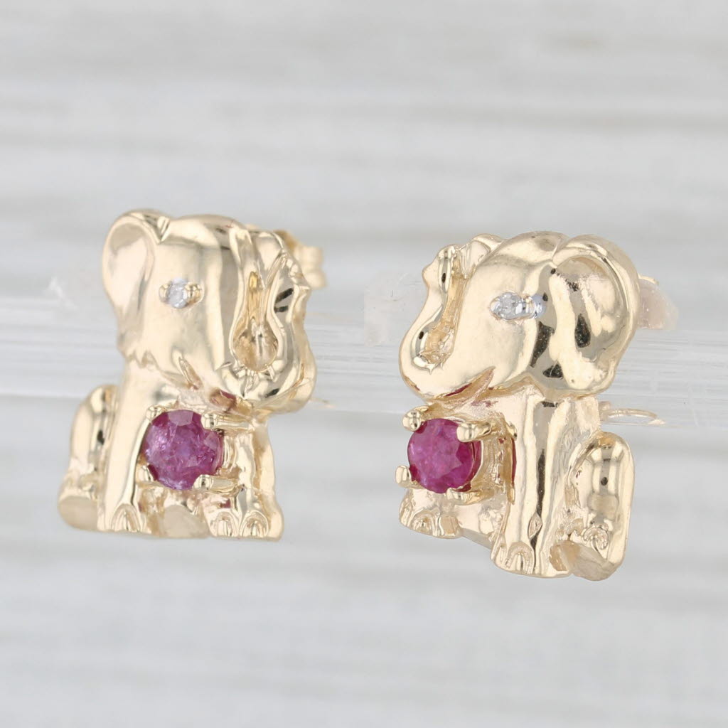 Light Gray 0.28ctw 0.25ctw Ruby Diamond Elephant Stud Earrings 10k Yellow Gold