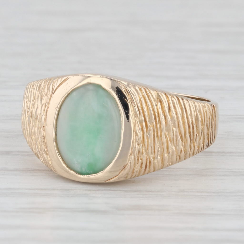 Light Gray Green Jadeite Jade Solitaire Ring 14k Yellow Gold Size 9-9.25 Woodgrain Band