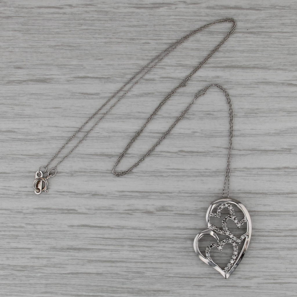 0.23ctw Openwork Diamond Hearts Pendant 10k White Gold 18.5" Rope Chain