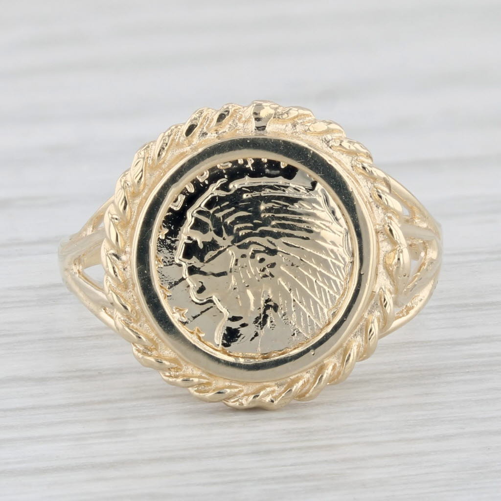 Light Gray Indian Head Coin Copy Signet Ring 14k Yellow Gold Size 6