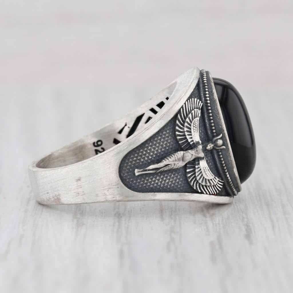 Onyx Sterling Silver Ring Size 12.5 Winged Figure Tribal Egyptian Goddess