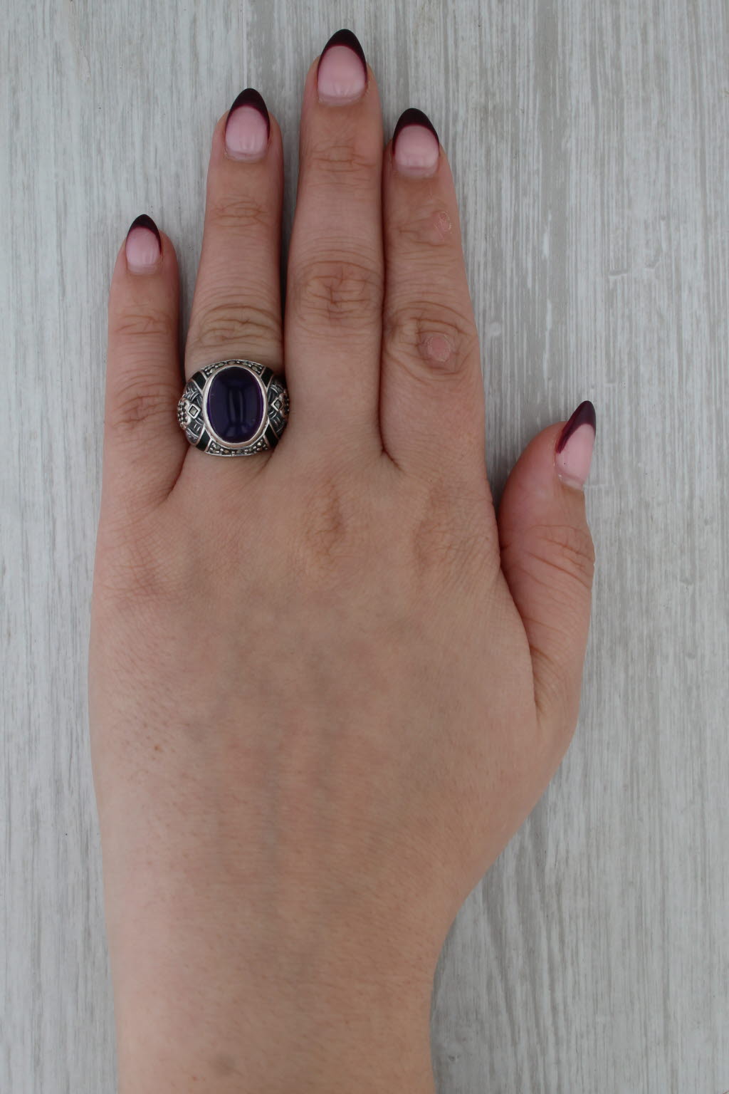 Amethyst Cabochon Marcasite Ring Sterling Silver Size 6 Statement