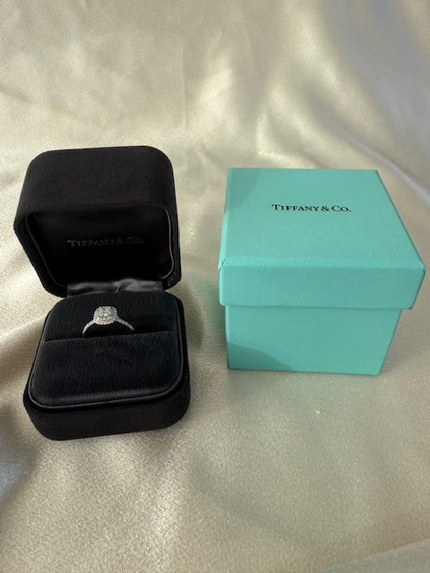 Dark Sea Green Tiffany Soleste 0.71ctw Cushion Halo Diamond Engagement Ring Platinum Box Papers