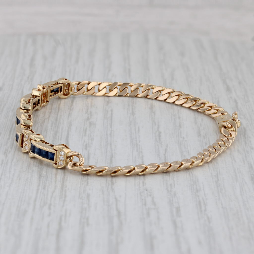 Gray 1.98ctw Blue Sapphire Diamond Bracelet 18k Yellow Gold 7.75" Curb Chain