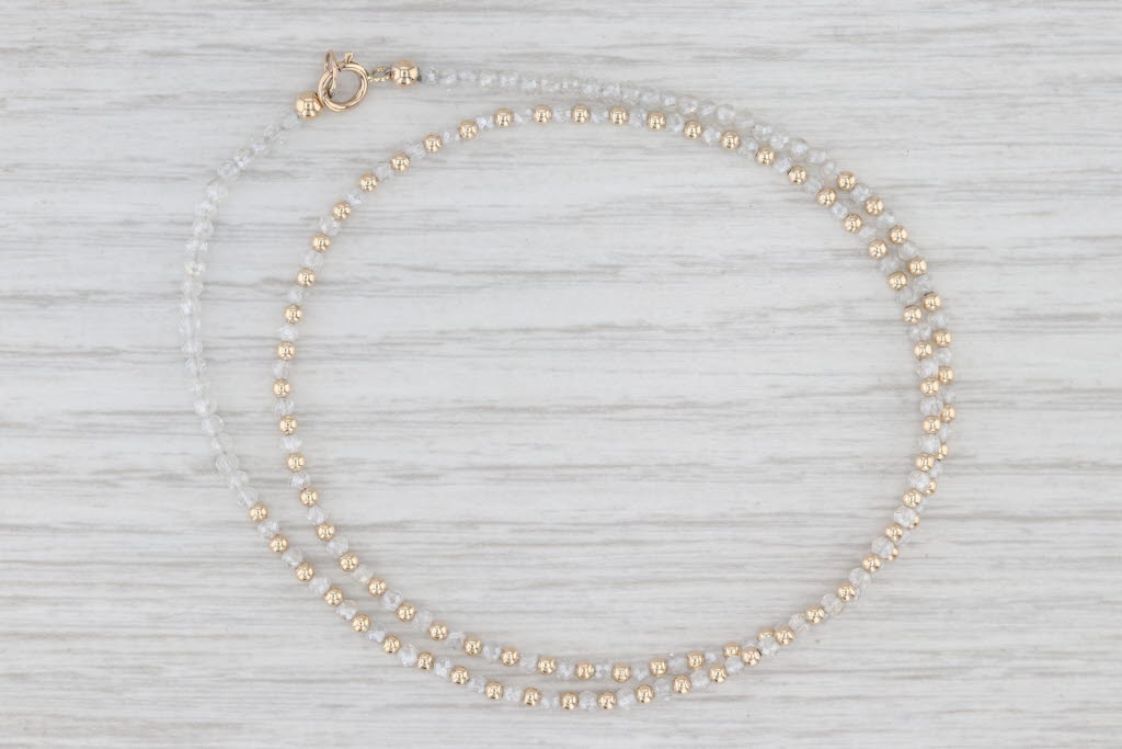 White Topaz Bead Single Strand Necklace 14k Yellow Gold 16" 2mm
