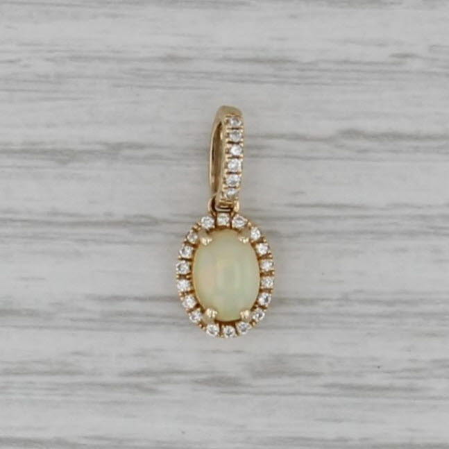 Oval Cabochon Opal Diamond Halo Pendant 14k Yellow Gold Small Drop