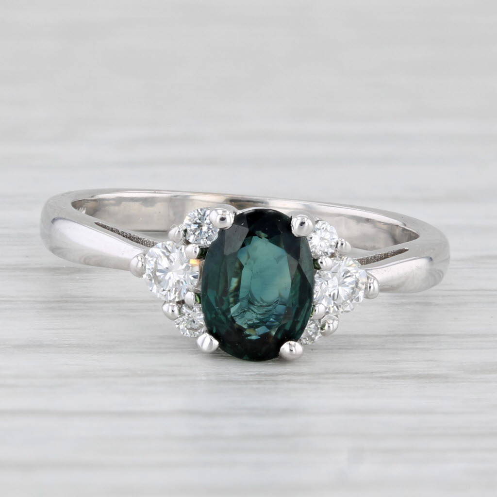 Light Gray 1.20ctw Oval Teal Sapphire Diamond Ring 14k White Gold Size 6