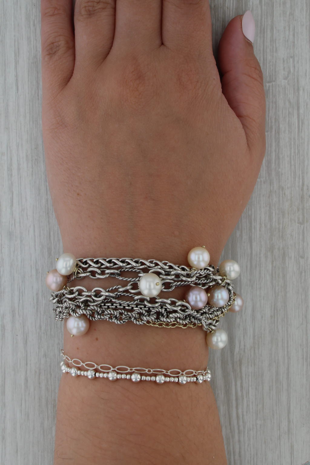 David Yurman Cultured Pearl Multichain Bracelet Sterling Silver 18k Gold 7"