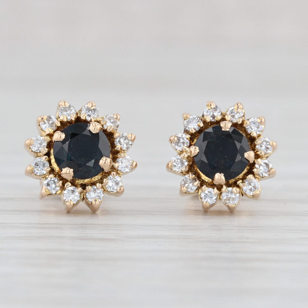 Light Gray 1.44ctw Blue Sapphire Diamond Halo Stud Earrings 18k Yellow Gold