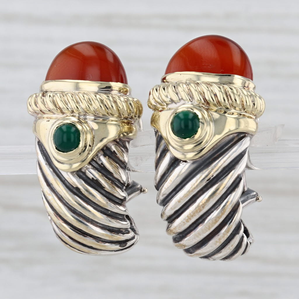 Yurman Carnelian Green Chalcedony J-Hook Earrings Sterling Silver 14k Gold